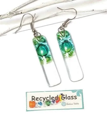 Green bars... Lots of  bubbles. Transparent clear glass drop earrings . Recycled Fused Glass Dangling earrings