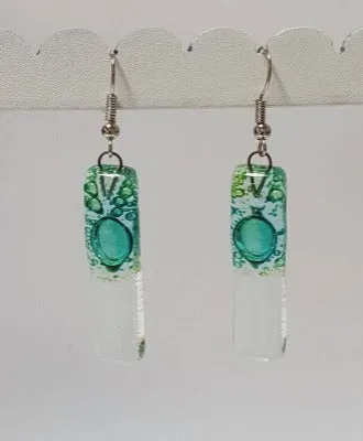 Green bars... Lots of  bubbles. Transparent clear glass drop earrings . Recycled Fused Glass Dangling earrings