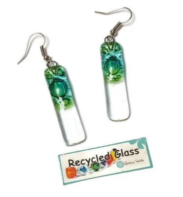 Green bars... Lots of  bubbles. Transparent clear glass drop earrings . Recycled Fused Glass Dangling earrings