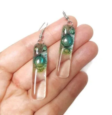 Green bars... Lots of  bubbles. Transparent clear glass drop earrings . Recycled Fused Glass Dangling earrings