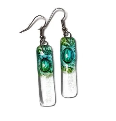 Green bars... Lots of  bubbles. Transparent clear glass drop earrings . Recycled Fused Glass Dangling earrings