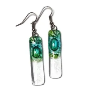 Green bars... Lots of  bubbles. Transparent clear glass drop earrings . Recycled Fused Glass Dangling earrings