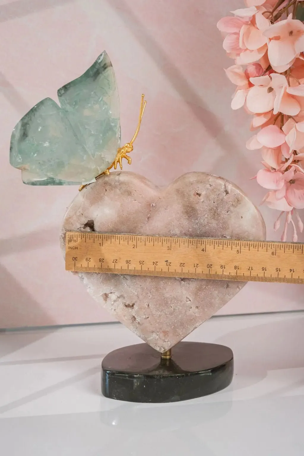 Green Fluorite Butterfly Sculpture on 360° Rotating Pink Amethyst Heart Base