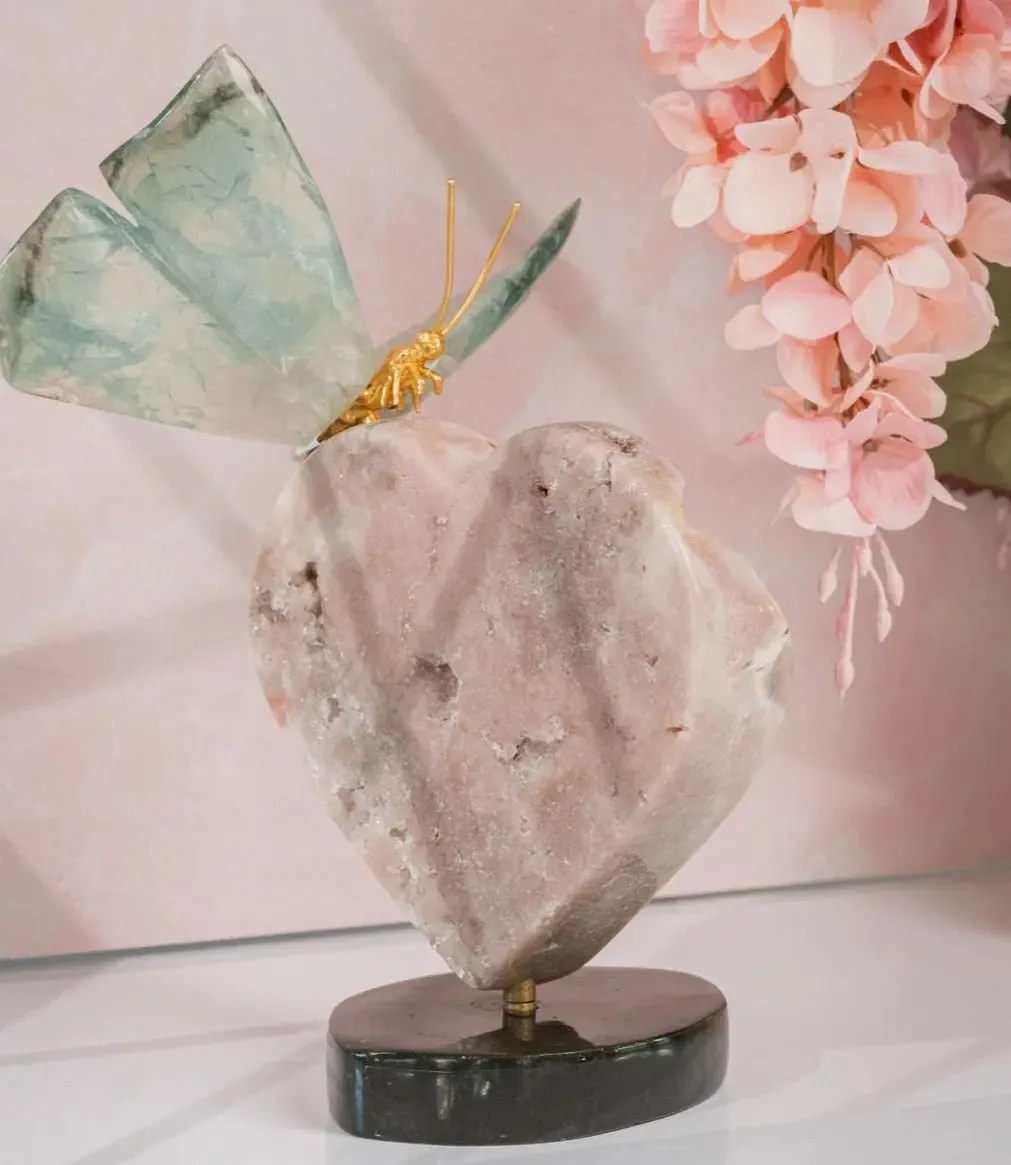 Green Fluorite Butterfly Sculpture on 360° Rotating Pink Amethyst Heart Base