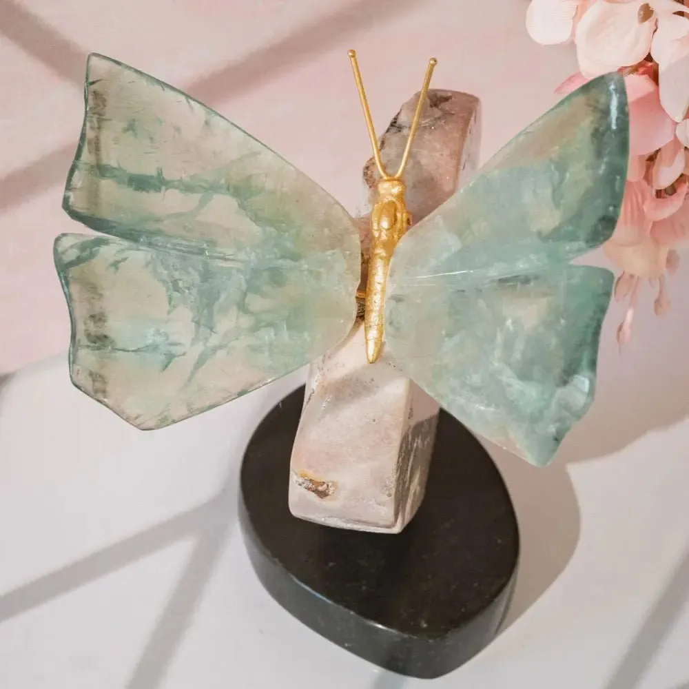 Green Fluorite Butterfly Sculpture on 360° Rotating Pink Amethyst Heart Base