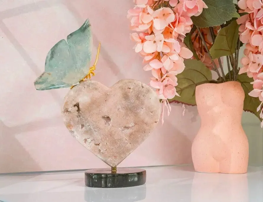 Green Fluorite Butterfly Sculpture on 360° Rotating Pink Amethyst Heart Base
