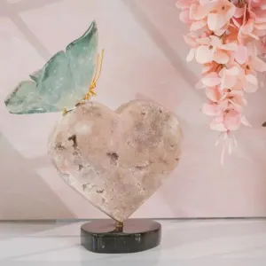 Green Fluorite Butterfly Sculpture on 360° Rotating Pink Amethyst Heart Base