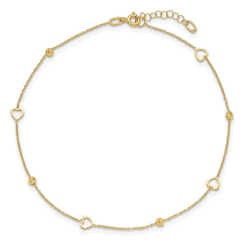 Heart and Diamond Cut Bead Anklet Bracelet (14K)