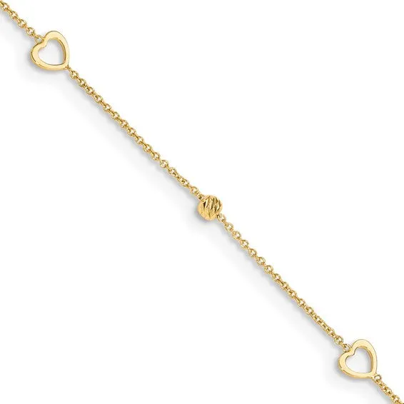 Heart and Diamond Cut Bead Anklet Bracelet (14K)