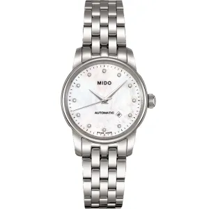 Mido clock baroncelli 29mm native pearl diamonds automatic steel m7600.4.69.1