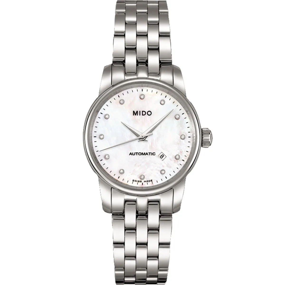 Mido clock baroncelli 29mm native pearl diamonds automatic steel m7600.4.69.1