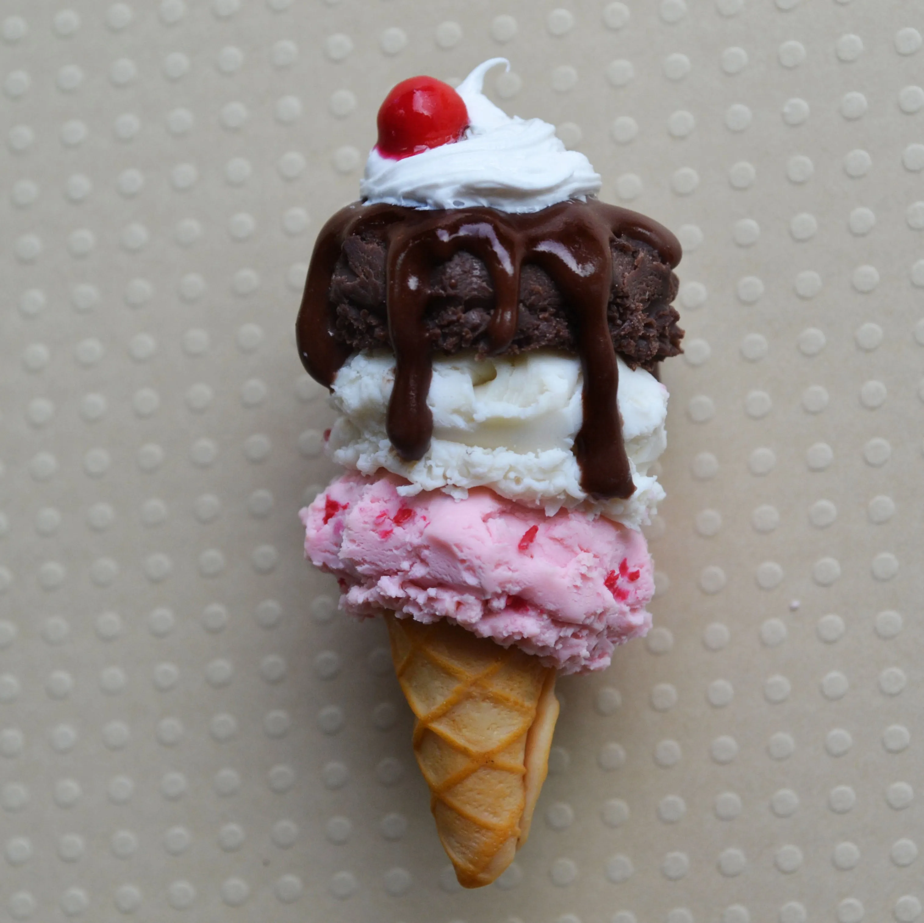 Neapolitan Ice Cream Cone Sundae Charm,  Key Chain, Pendant