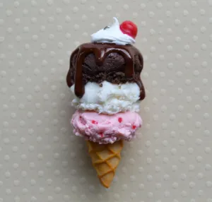 Neapolitan Ice Cream Cone Sundae Charm,  Key Chain, Pendant