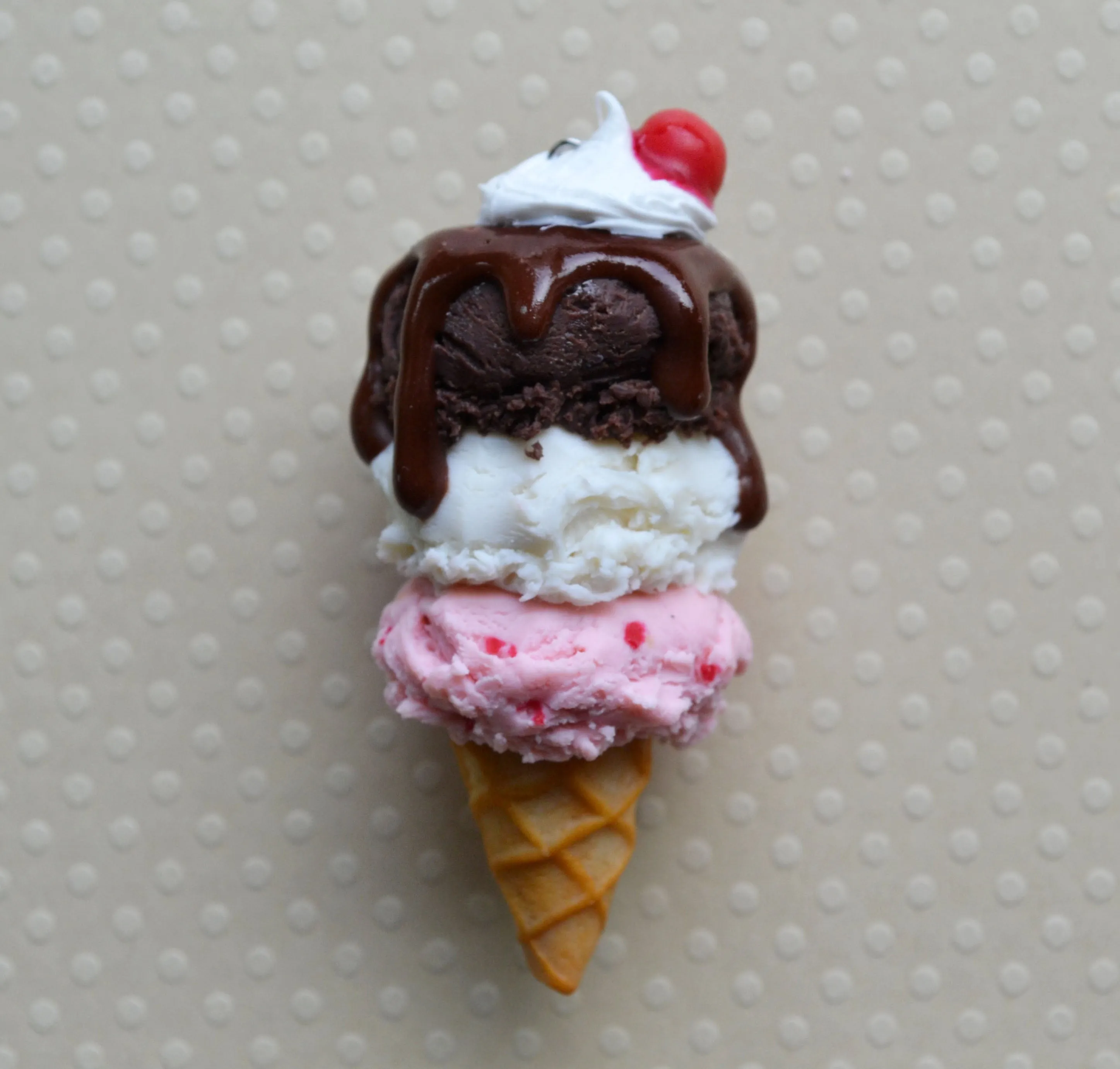 Neapolitan Ice Cream Cone Sundae Charm,  Key Chain, Pendant