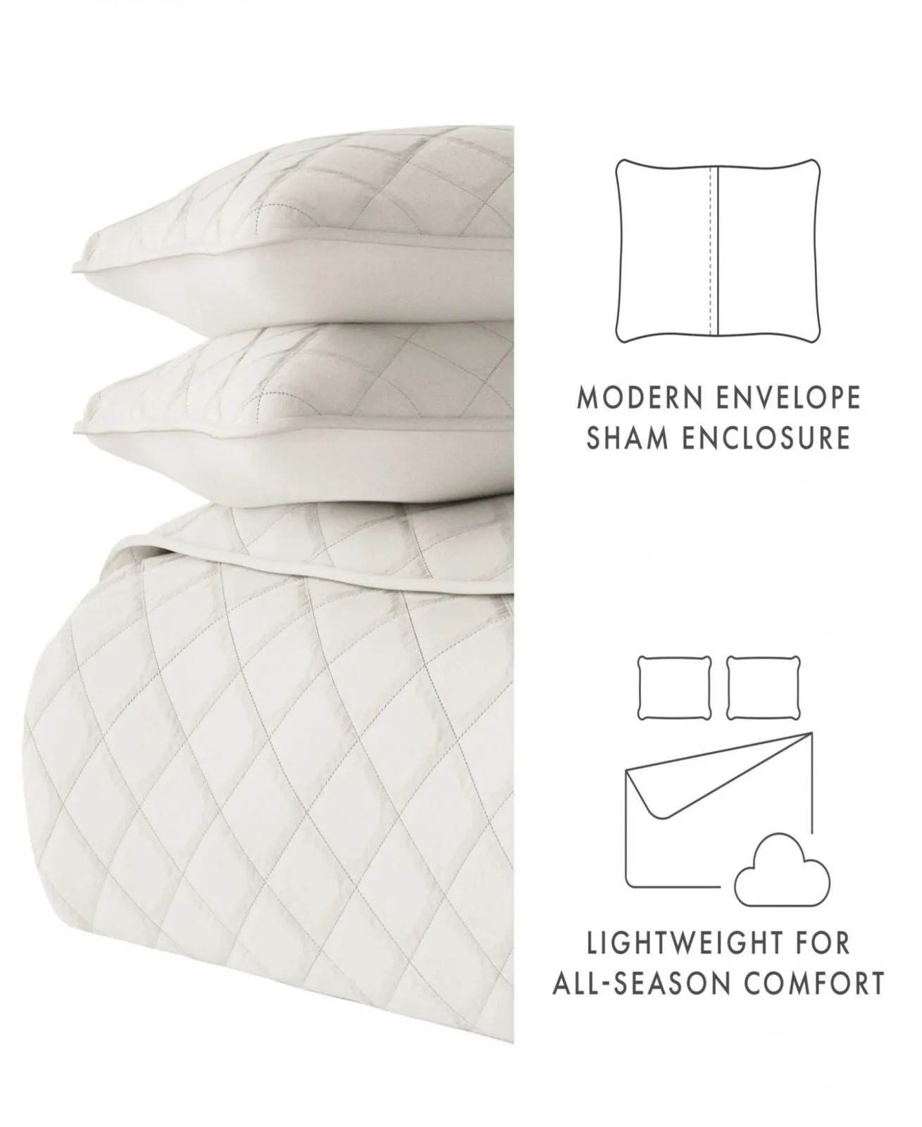 Noble Linens All Season 3 Piece Diamond Stitch Quilt Set Off White Full / Queen