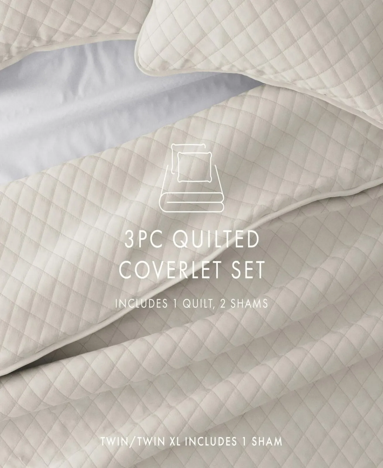 Noble Linens All Season 3 Piece Diamond Stitch Quilt Set Off White Full / Queen