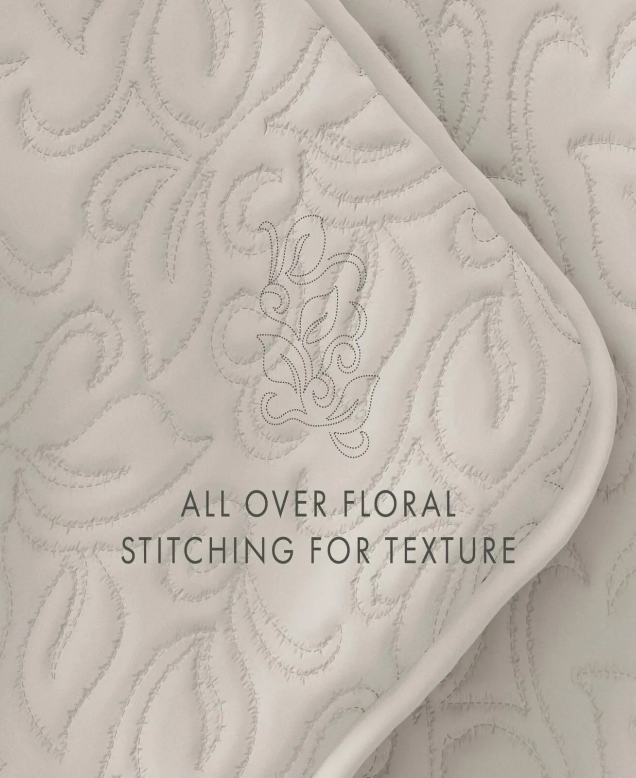 Noble Linens Home 3 Piece Floral Stitch Quilt Set Natural Off White Full / Queen