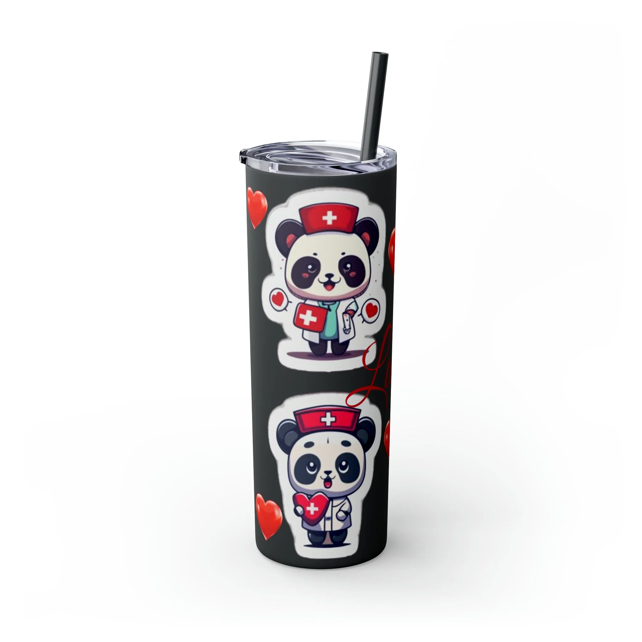 Panda Heart Skinny Tumbler with Straw, 20oz