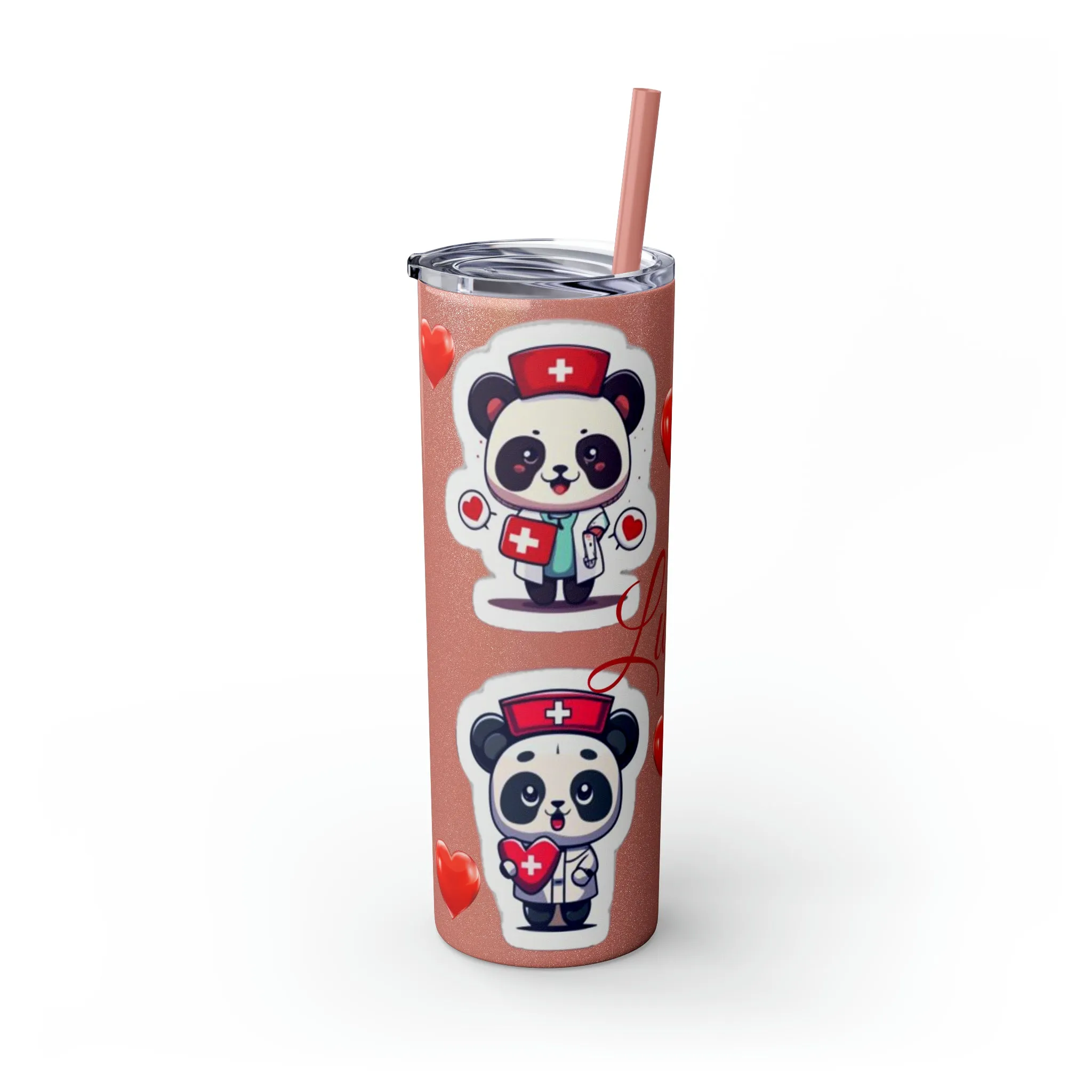 Panda Heart Skinny Tumbler with Straw, 20oz