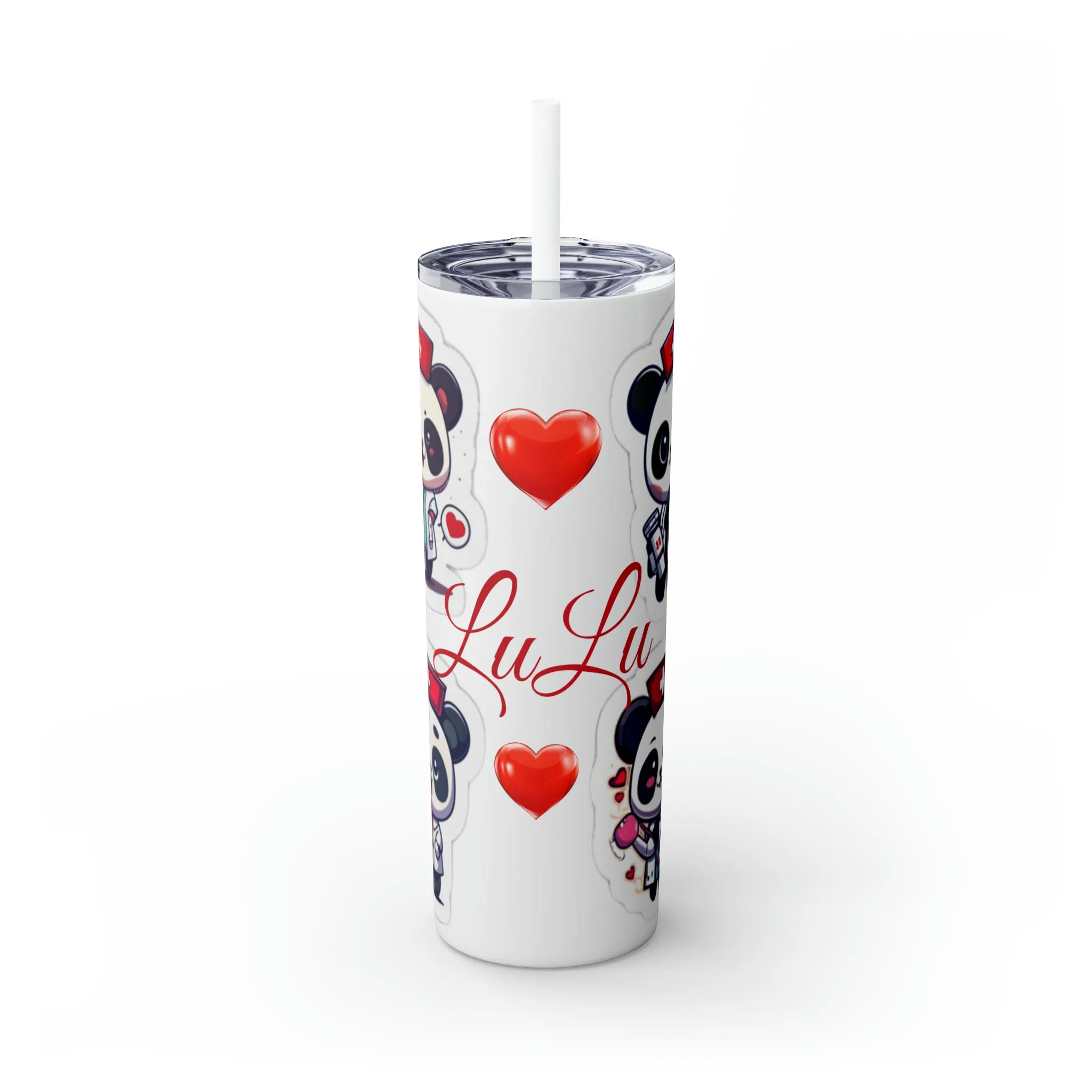 Panda Heart Skinny Tumbler with Straw, 20oz