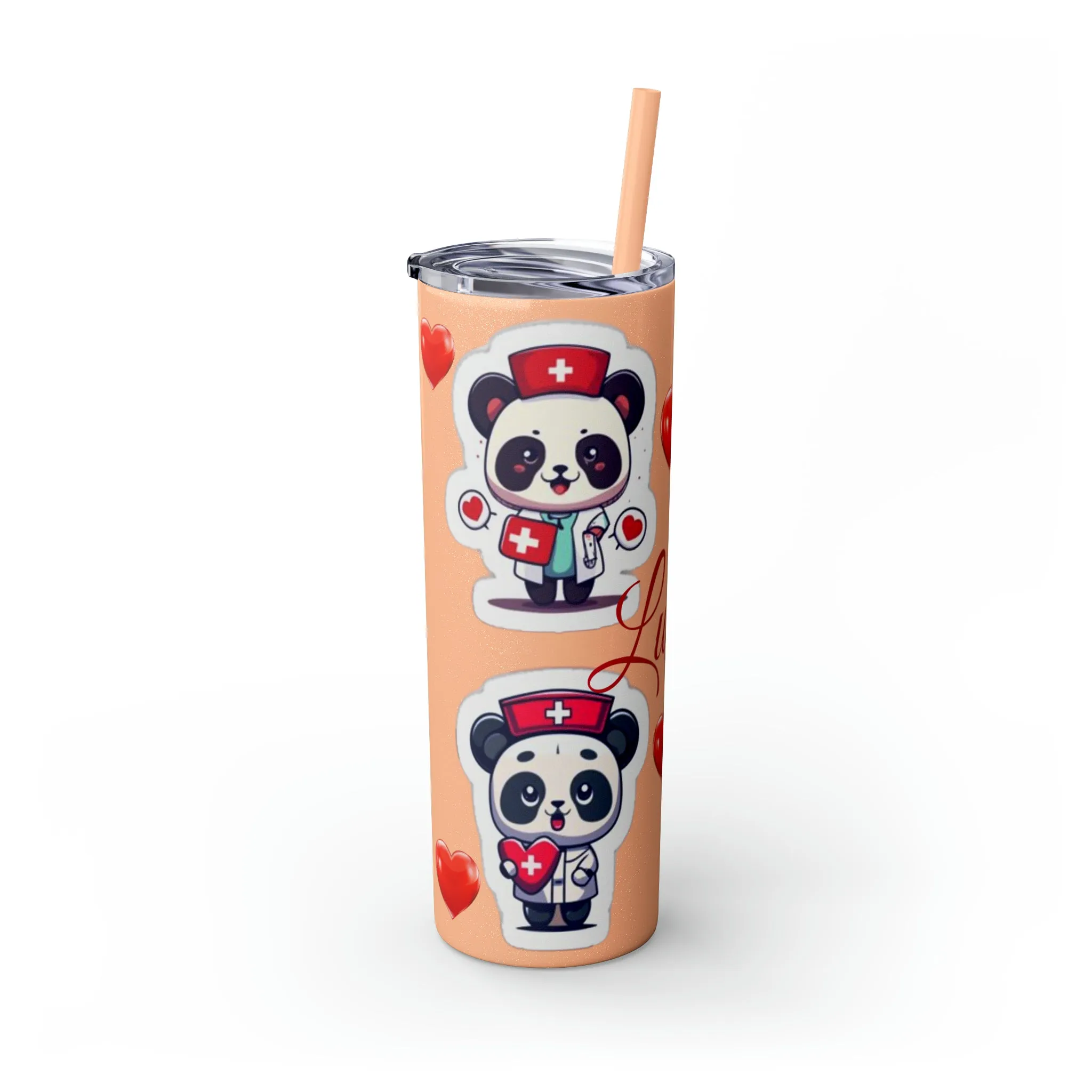 Panda Heart Skinny Tumbler with Straw, 20oz