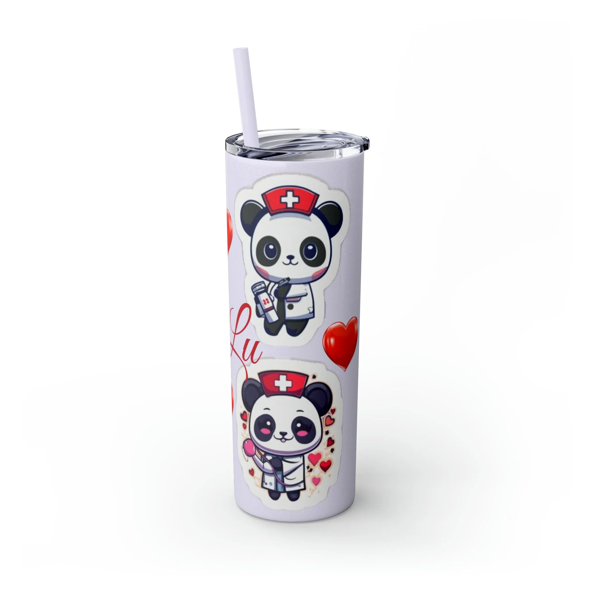 Panda Heart Skinny Tumbler with Straw, 20oz