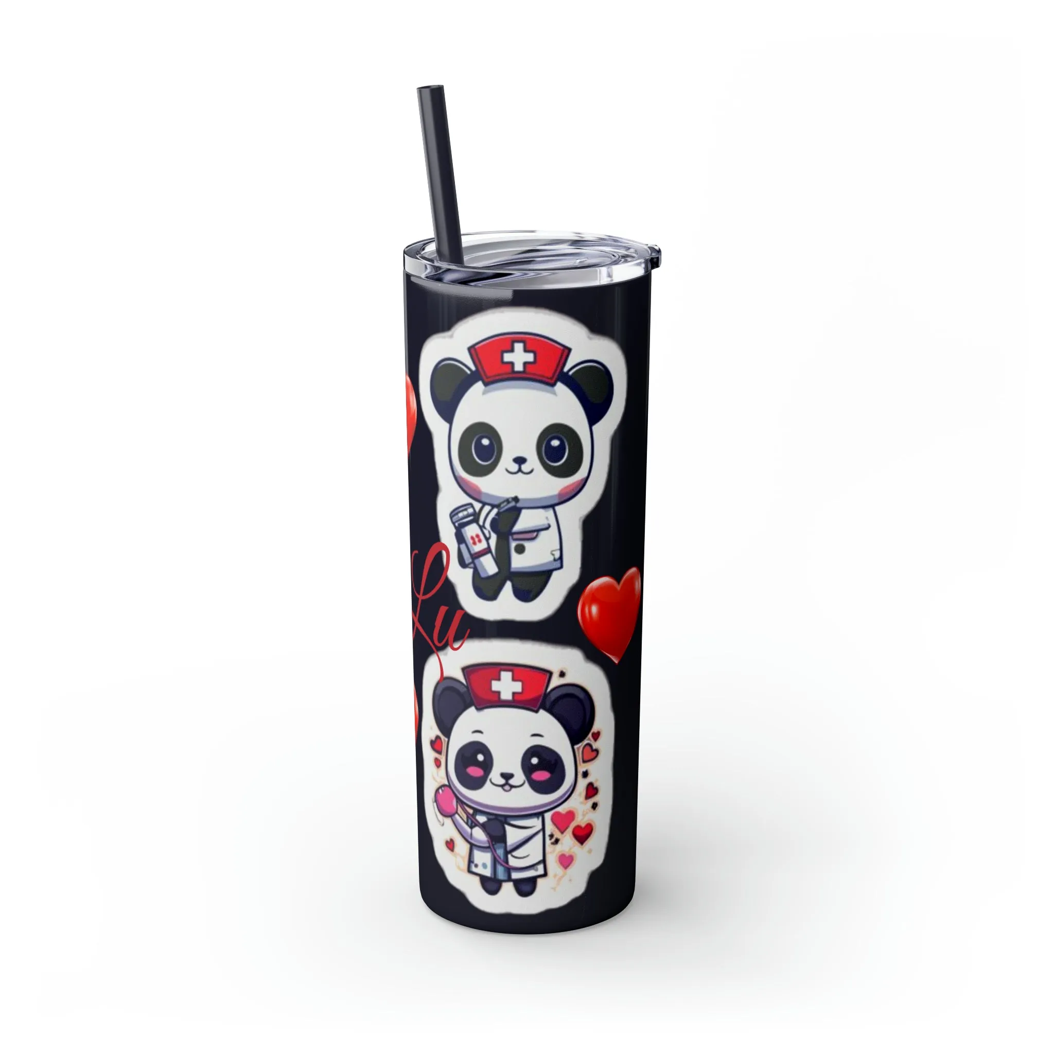 Panda Heart Skinny Tumbler with Straw, 20oz