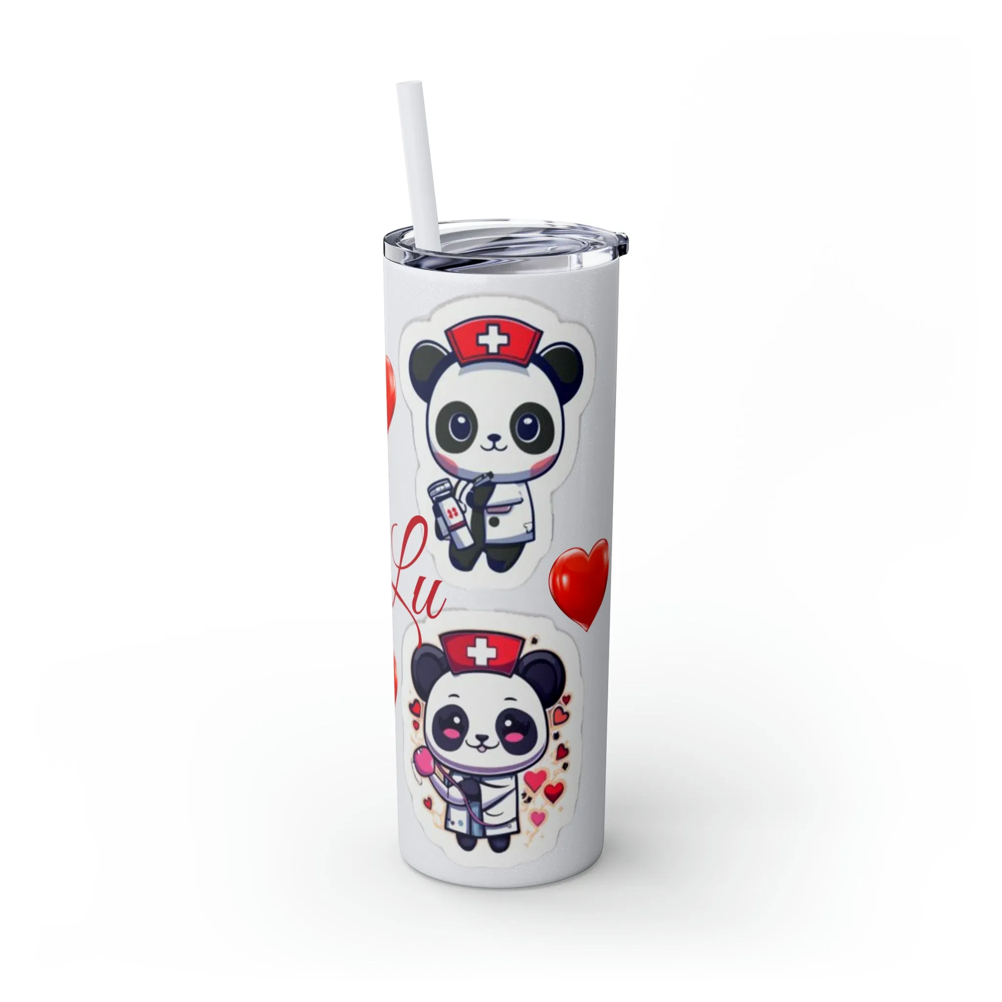 Panda Heart Skinny Tumbler with Straw, 20oz