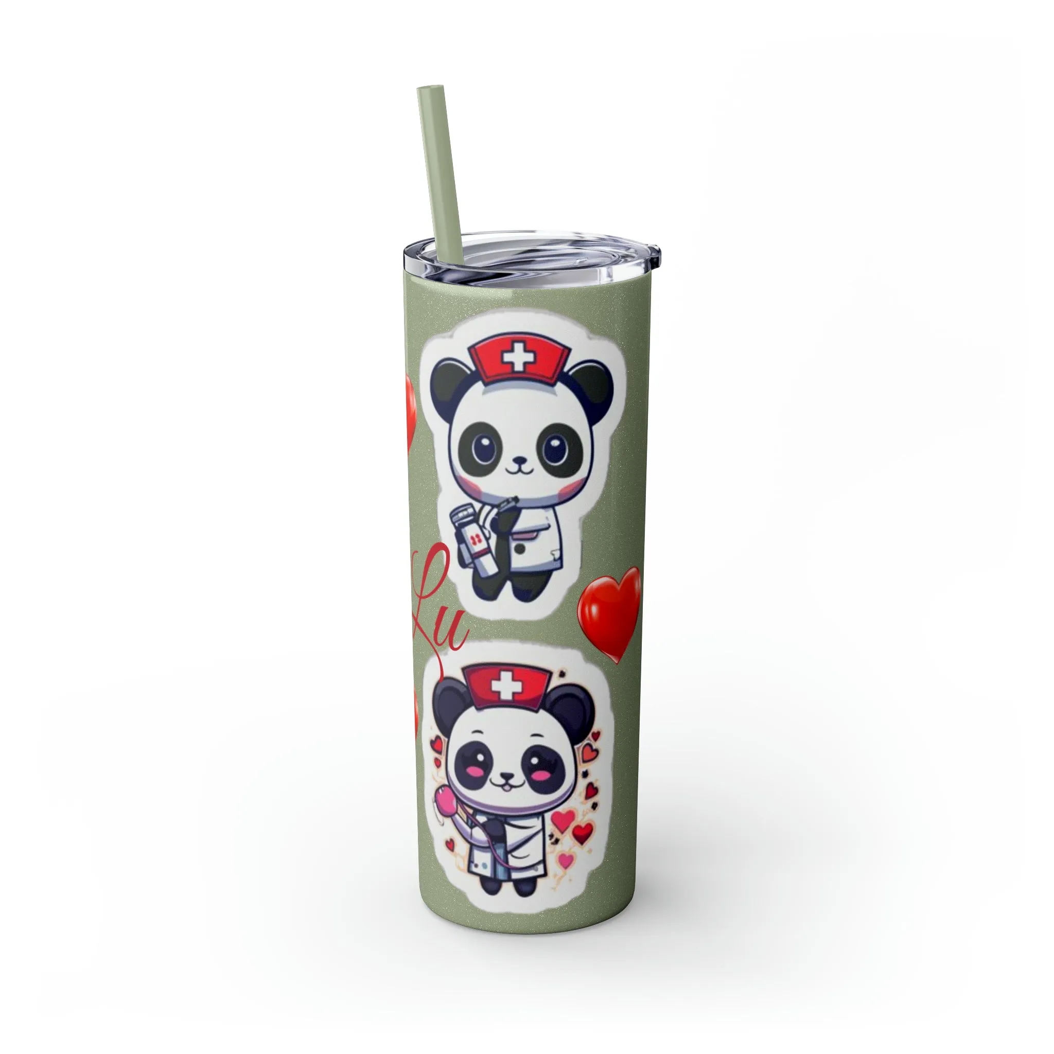 Panda Heart Skinny Tumbler with Straw, 20oz