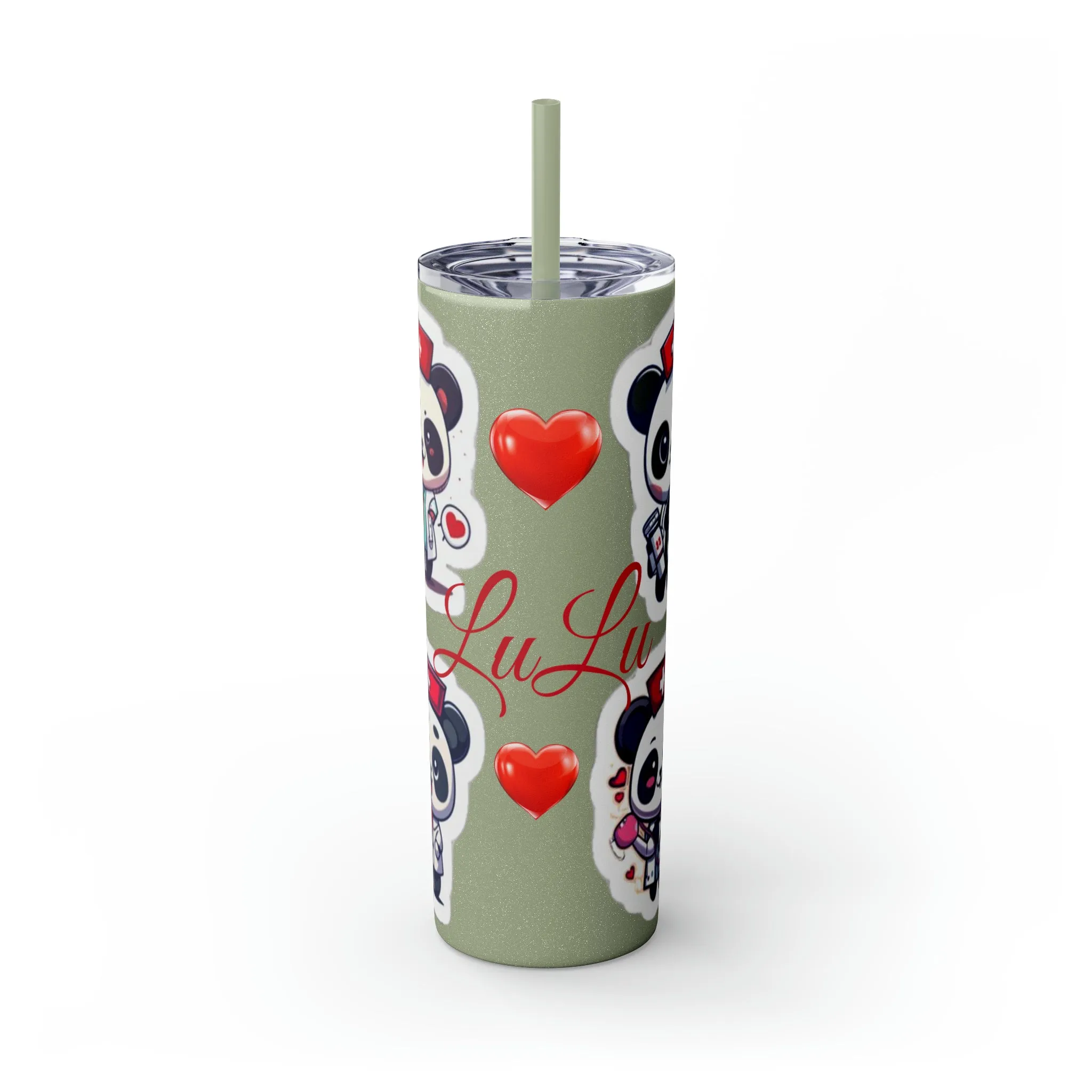 Panda Heart Skinny Tumbler with Straw, 20oz