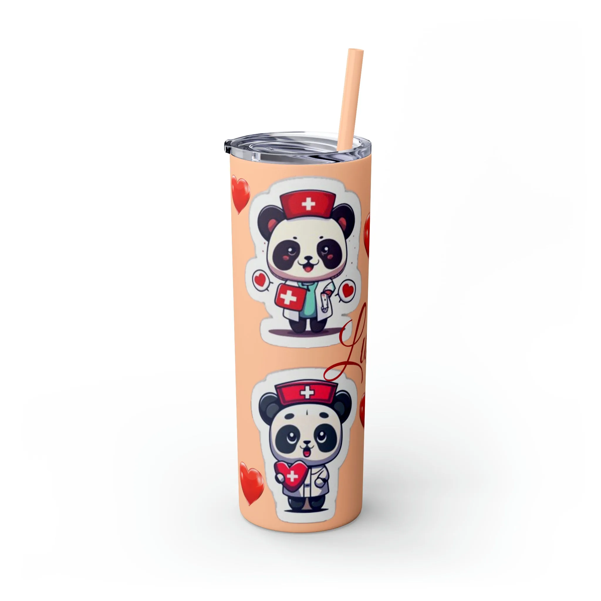 Panda Heart Skinny Tumbler with Straw, 20oz