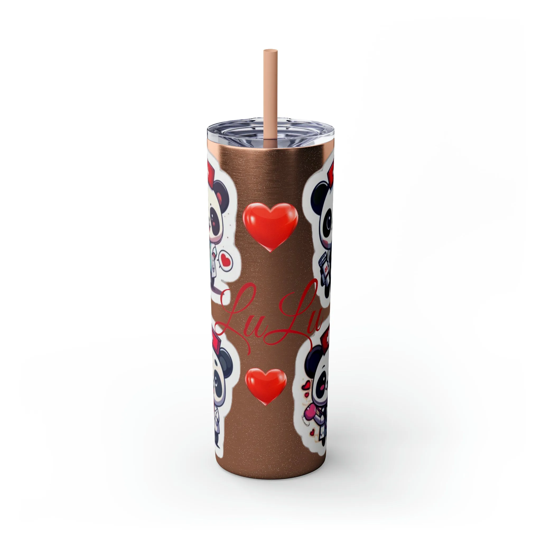 Panda Heart Skinny Tumbler with Straw, 20oz