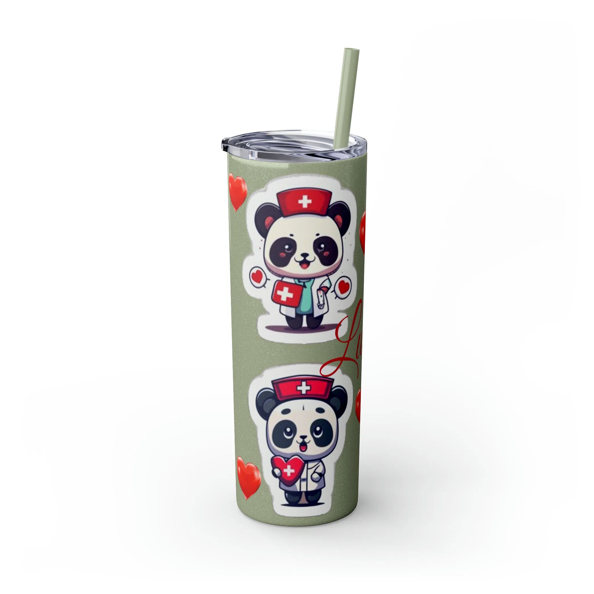 Panda Heart Skinny Tumbler with Straw, 20oz