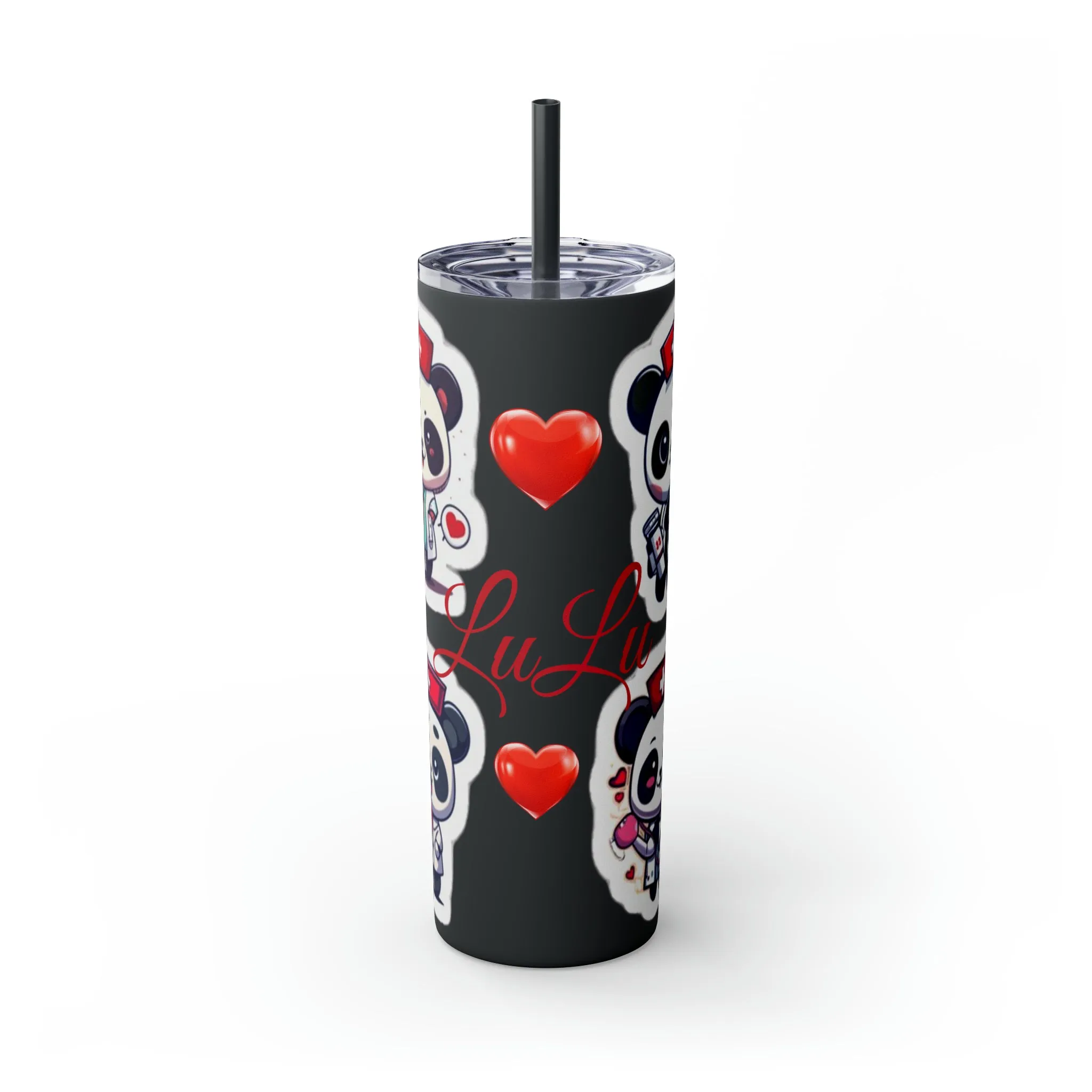 Panda Heart Skinny Tumbler with Straw, 20oz