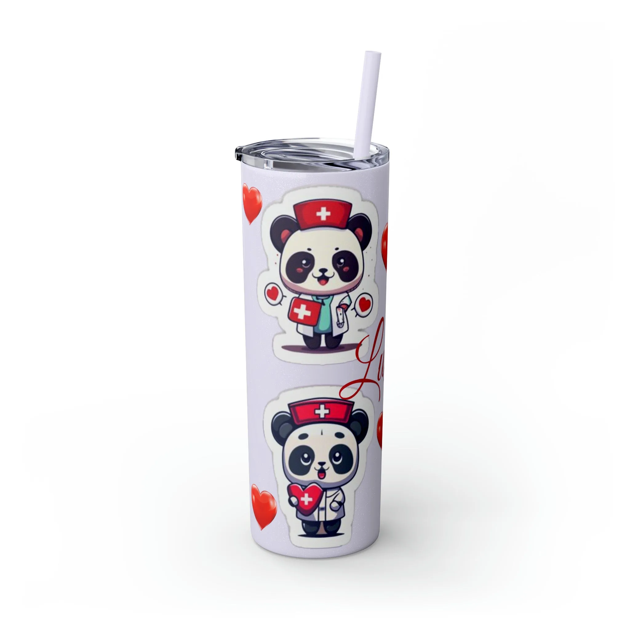 Panda Heart Skinny Tumbler with Straw, 20oz