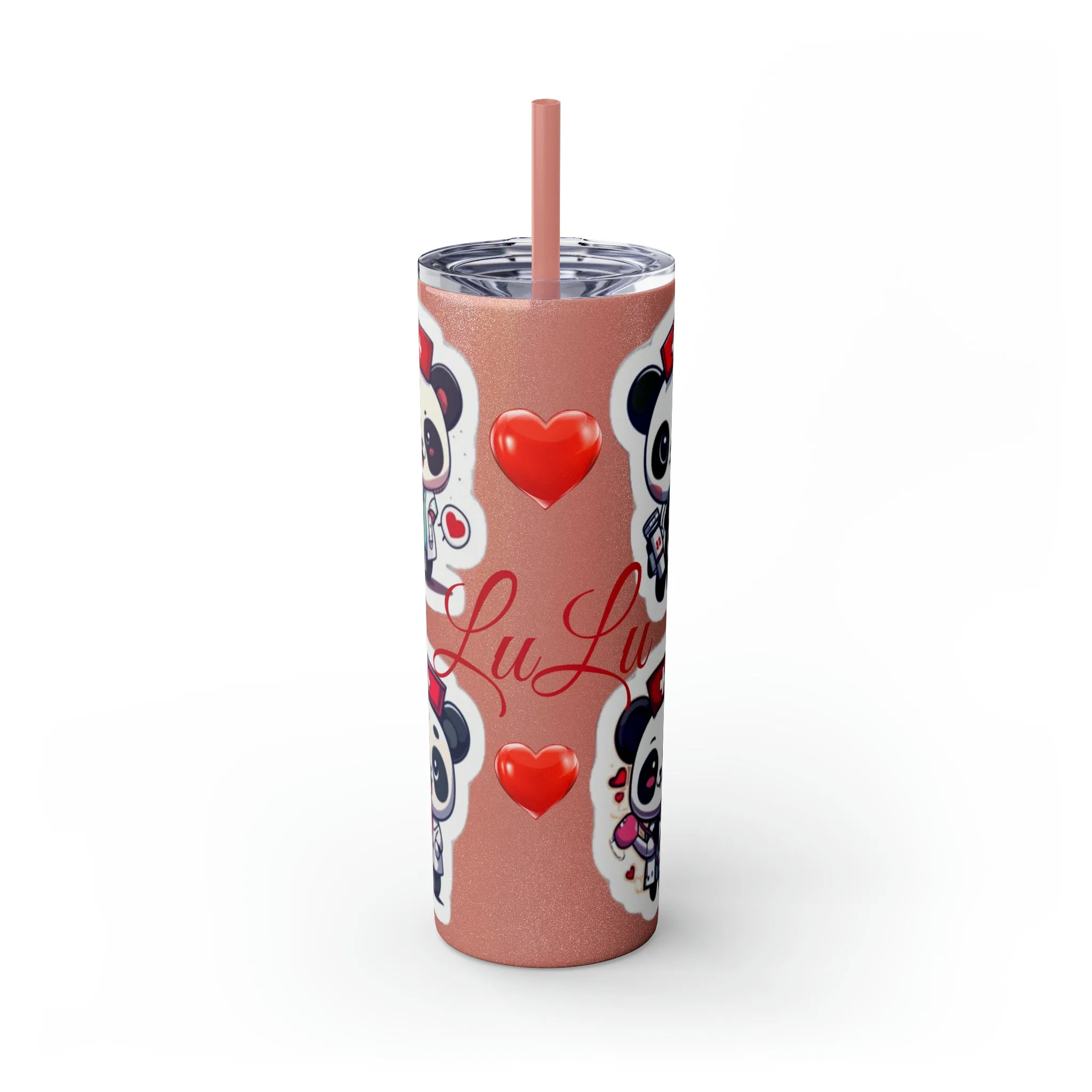 Panda Heart Skinny Tumbler with Straw, 20oz