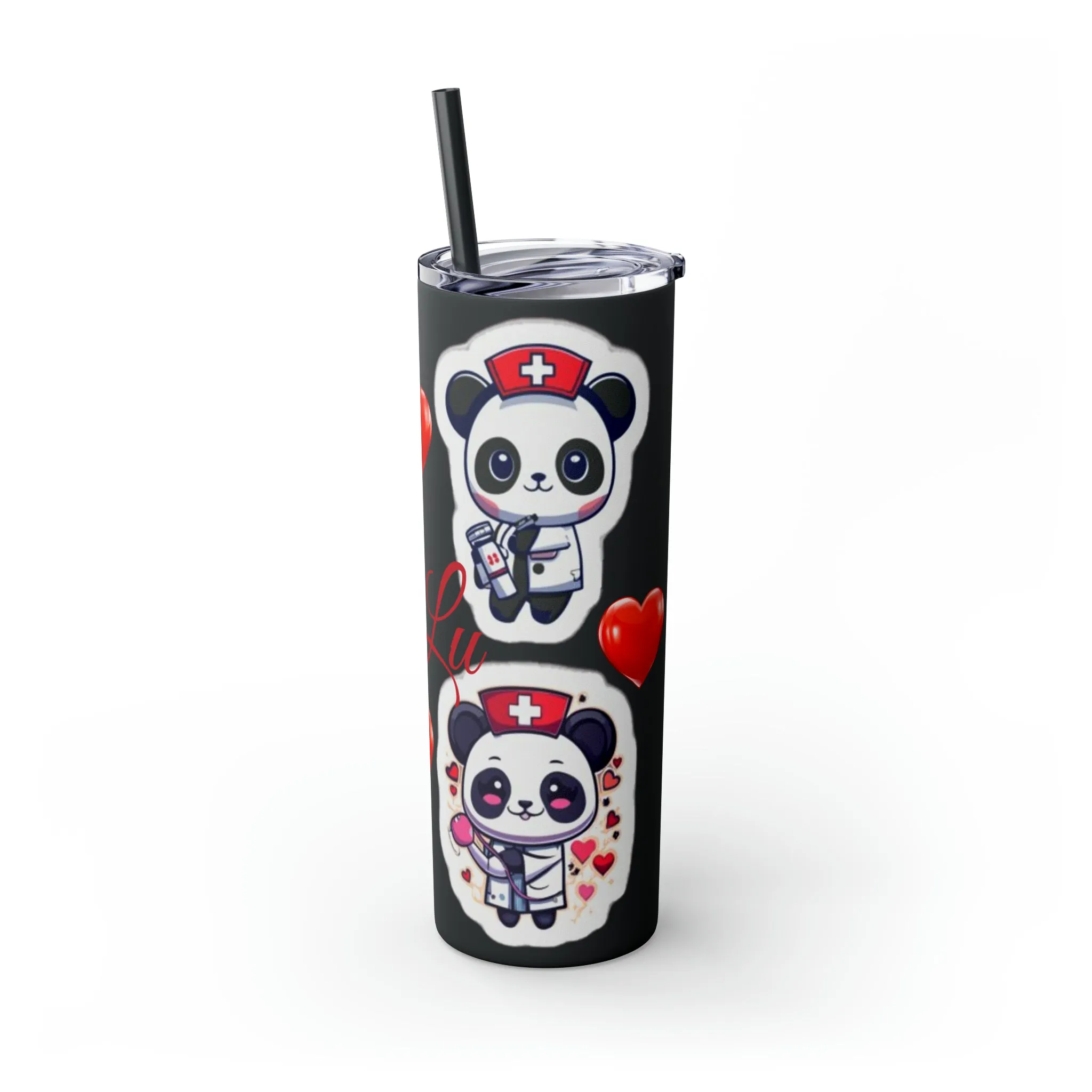 Panda Heart Skinny Tumbler with Straw, 20oz