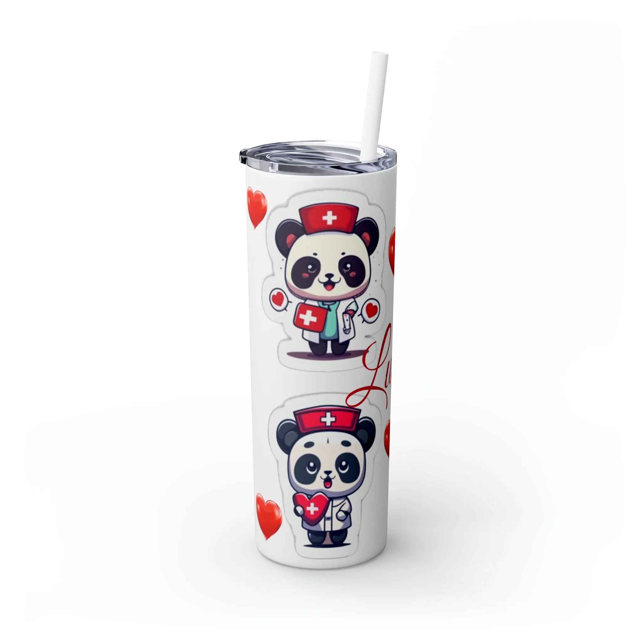 Panda Heart Skinny Tumbler with Straw, 20oz
