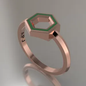 Rose Gold Geometric Hexagon Ring, Transparent Green Resin Solid 14kt Rose Gold Petite Design