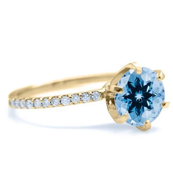 Round Aqua Blue Spinel 6 Prongs Diamond Accent Ice Solitaire Ring