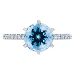 Round Aqua Blue Spinel 6 Prongs Diamond Accent Ice Solitaire Ring