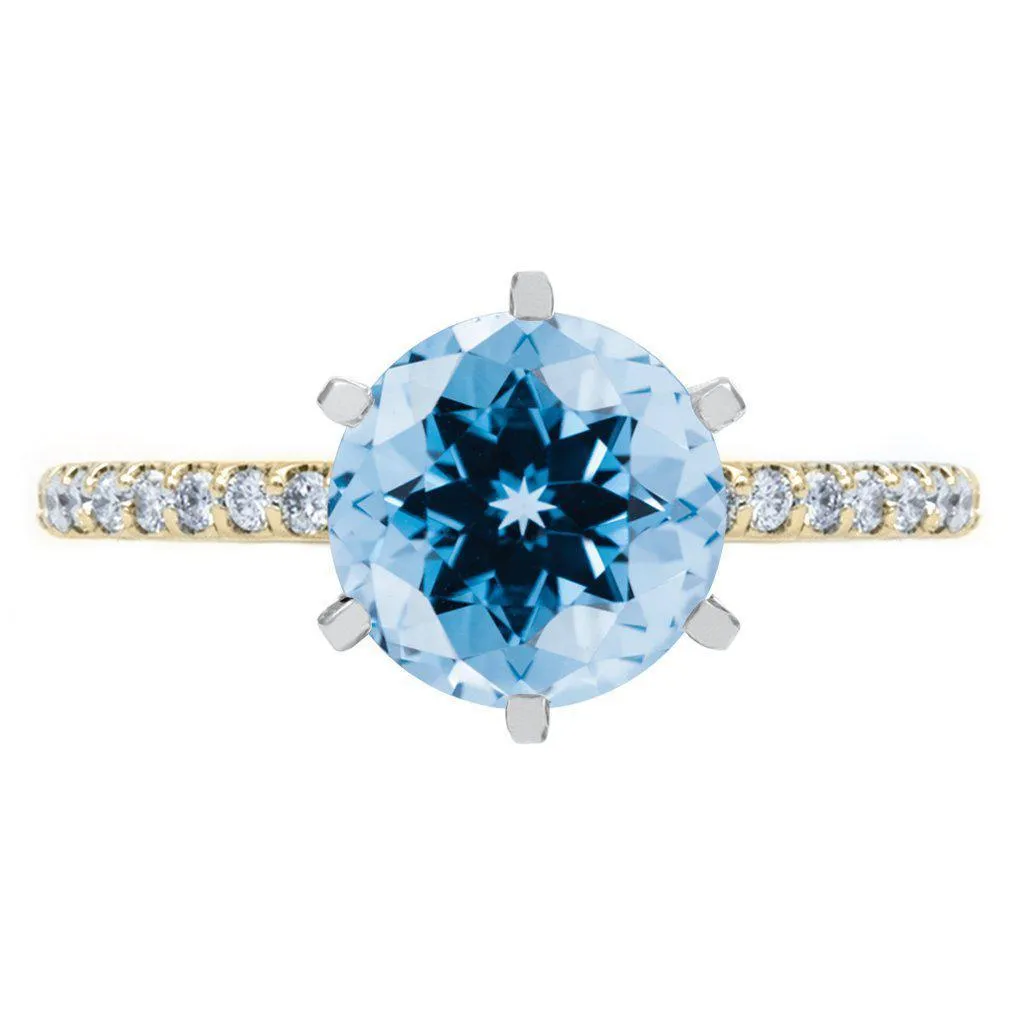 Round Aqua Blue Spinel 6 Prongs Diamond Accent Ice Solitaire Ring