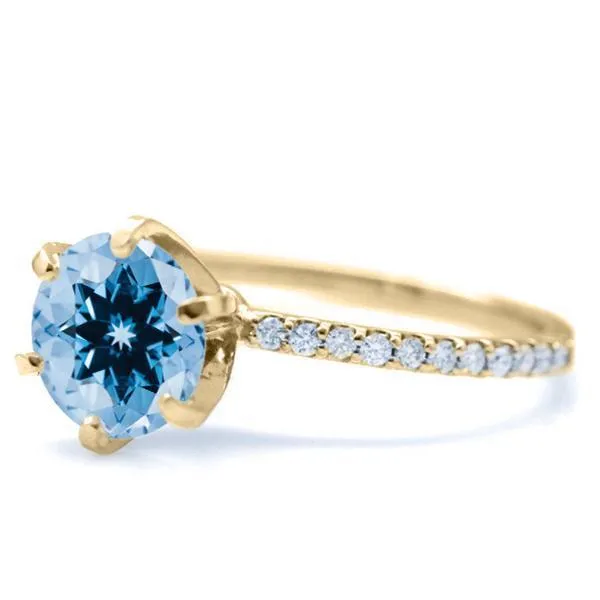 Round Aqua Blue Spinel 6 Prongs Diamond Accent Ice Solitaire Ring