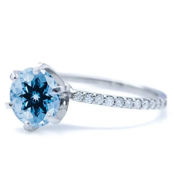 Round Aqua Blue Spinel 6 Prongs Diamond Accent Ice Solitaire Ring