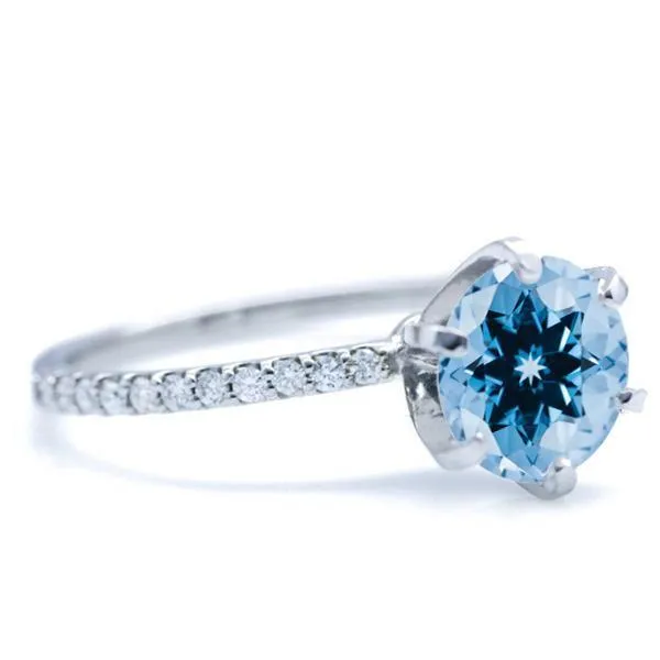 Round Aqua Blue Spinel 6 Prongs Diamond Accent Ice Solitaire Ring