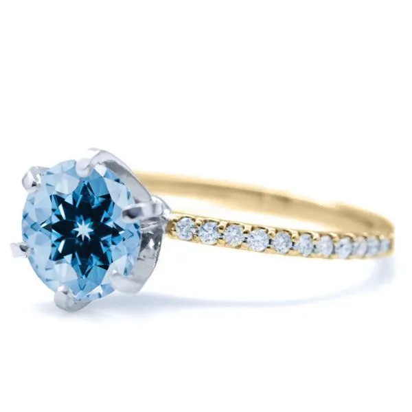 Round Aqua Blue Spinel 6 Prongs Diamond Accent Ice Solitaire Ring