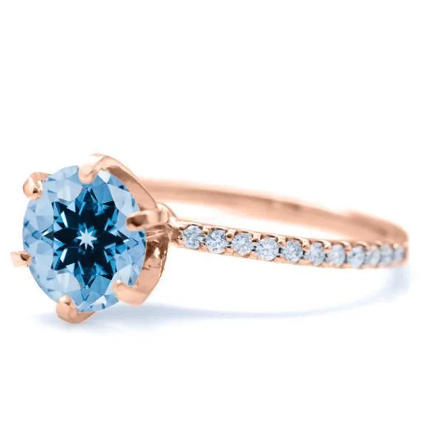 Round Aqua Blue Spinel 6 Prongs Diamond Accent Ice Solitaire Ring