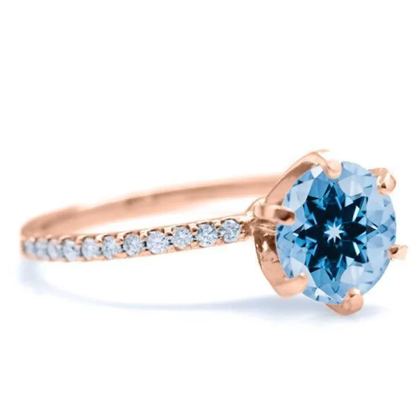 Round Aqua Blue Spinel 6 Prongs Diamond Accent Ice Solitaire Ring