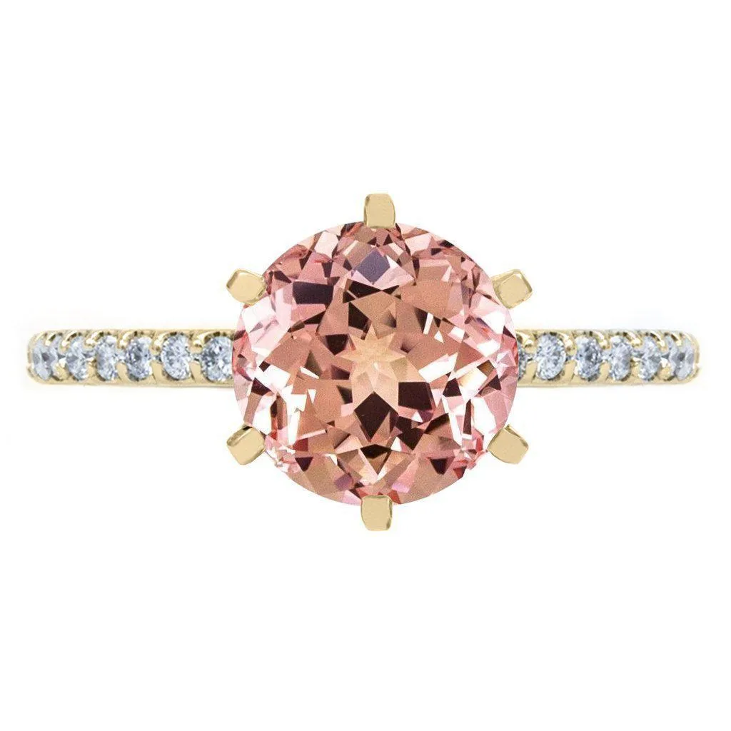 Round Champagne Sapphire 6 Prongs Diamond Accent Ice Solitaire Ring