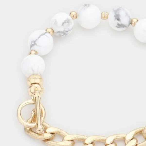 Semi Precious Stone Metal Chain Link Stretch Bracelet